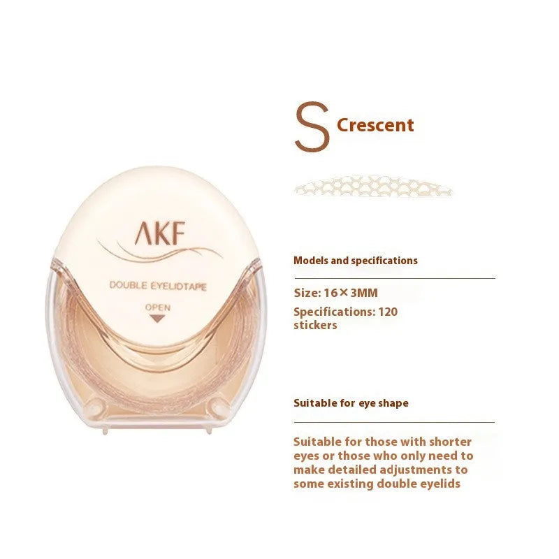 Transparent double eyelid stickers in crescent and olive shapes on roll packaging