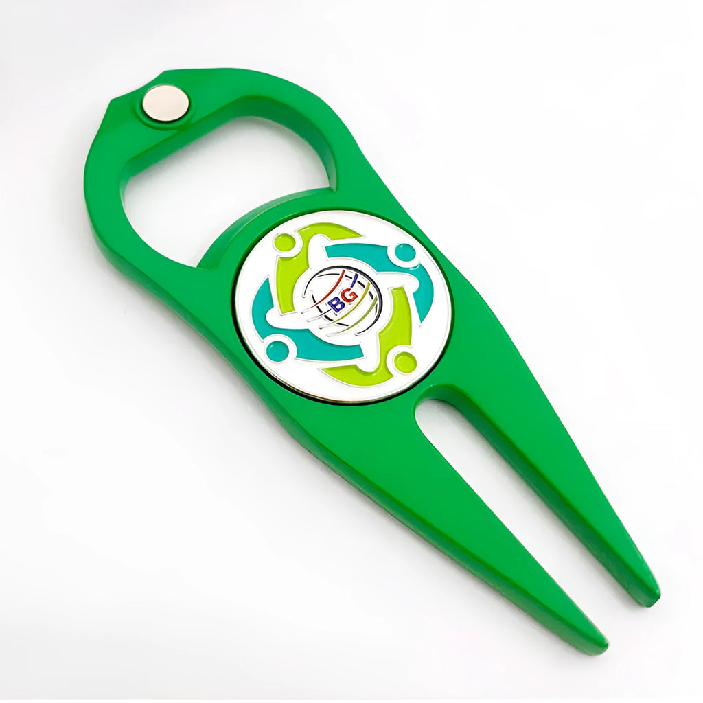 Zinc alloy golf ball yoke and bottle opener tool in black, green, or silver finish.