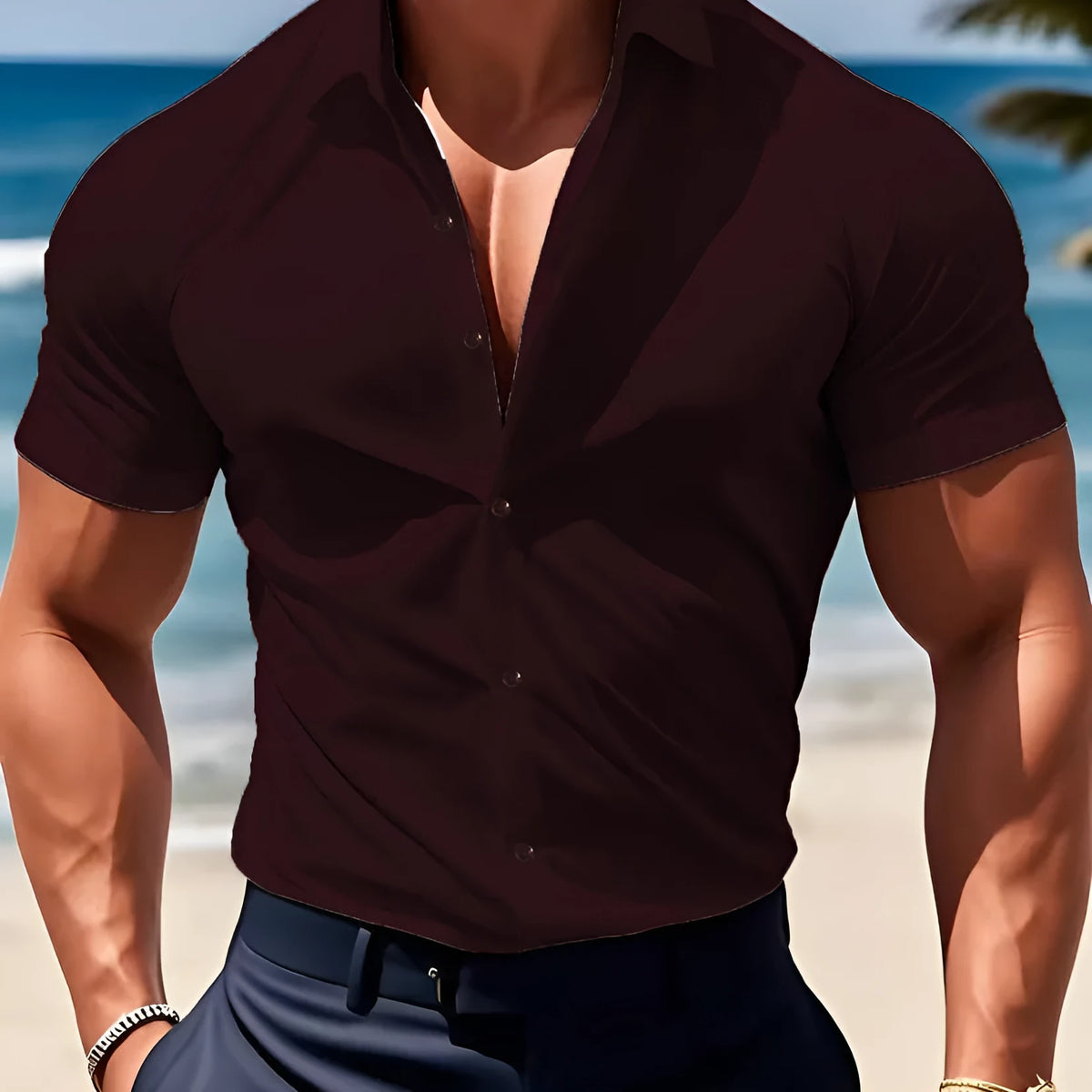 Men's brown short sleeve printed shirt with shirt collar in casual cardigan style.
