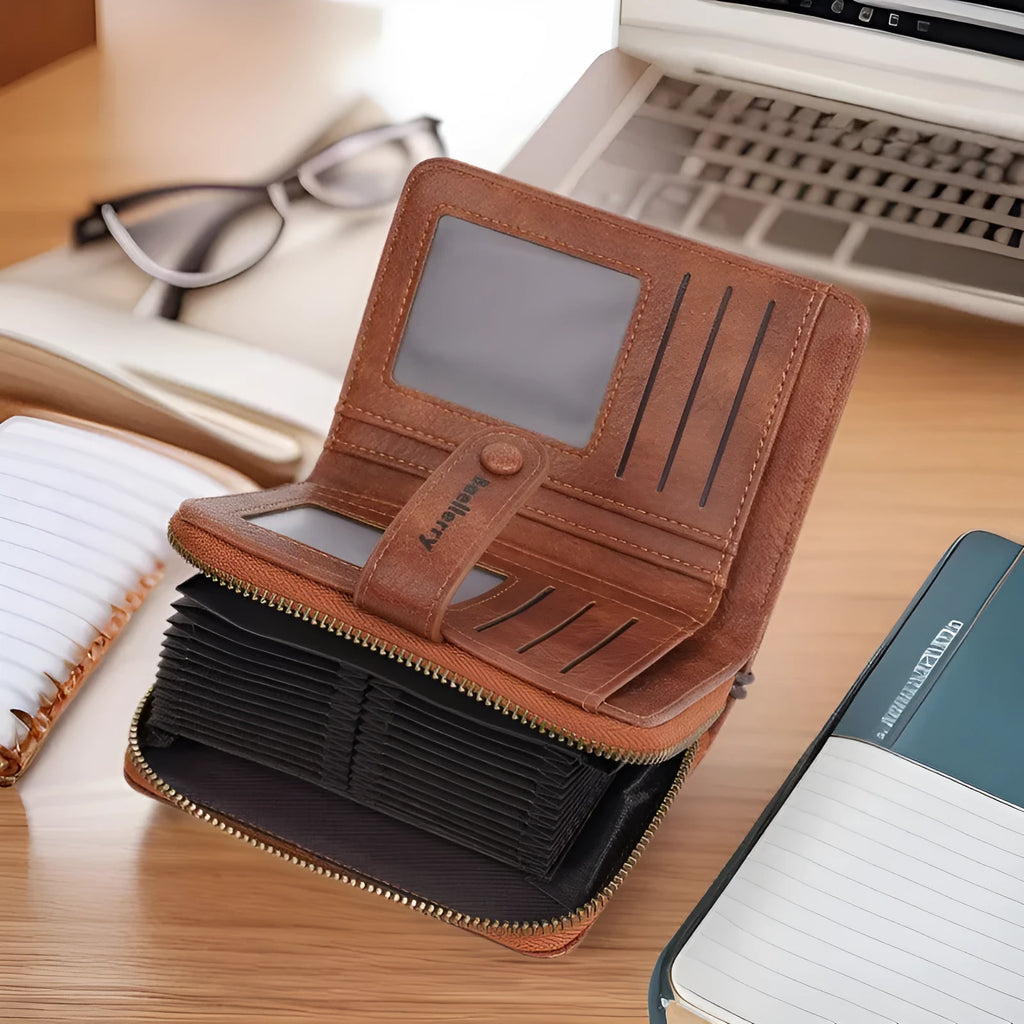 Women's compact black PU leather zip coin purse wallet open to show card slots and coin compartment.