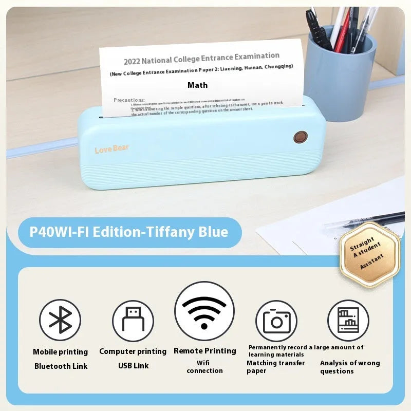 Ailixiong P40 small portable A4 thermal printer in blue or white on a desk.