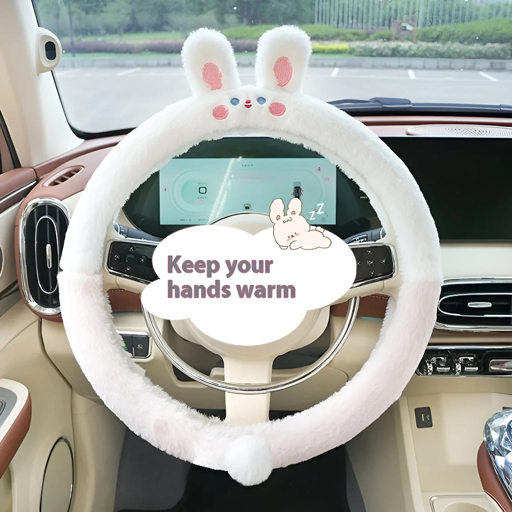 Plush winter car steering wheel cover with rabbit fur embroidered cartoon animal design, 38cm fit.