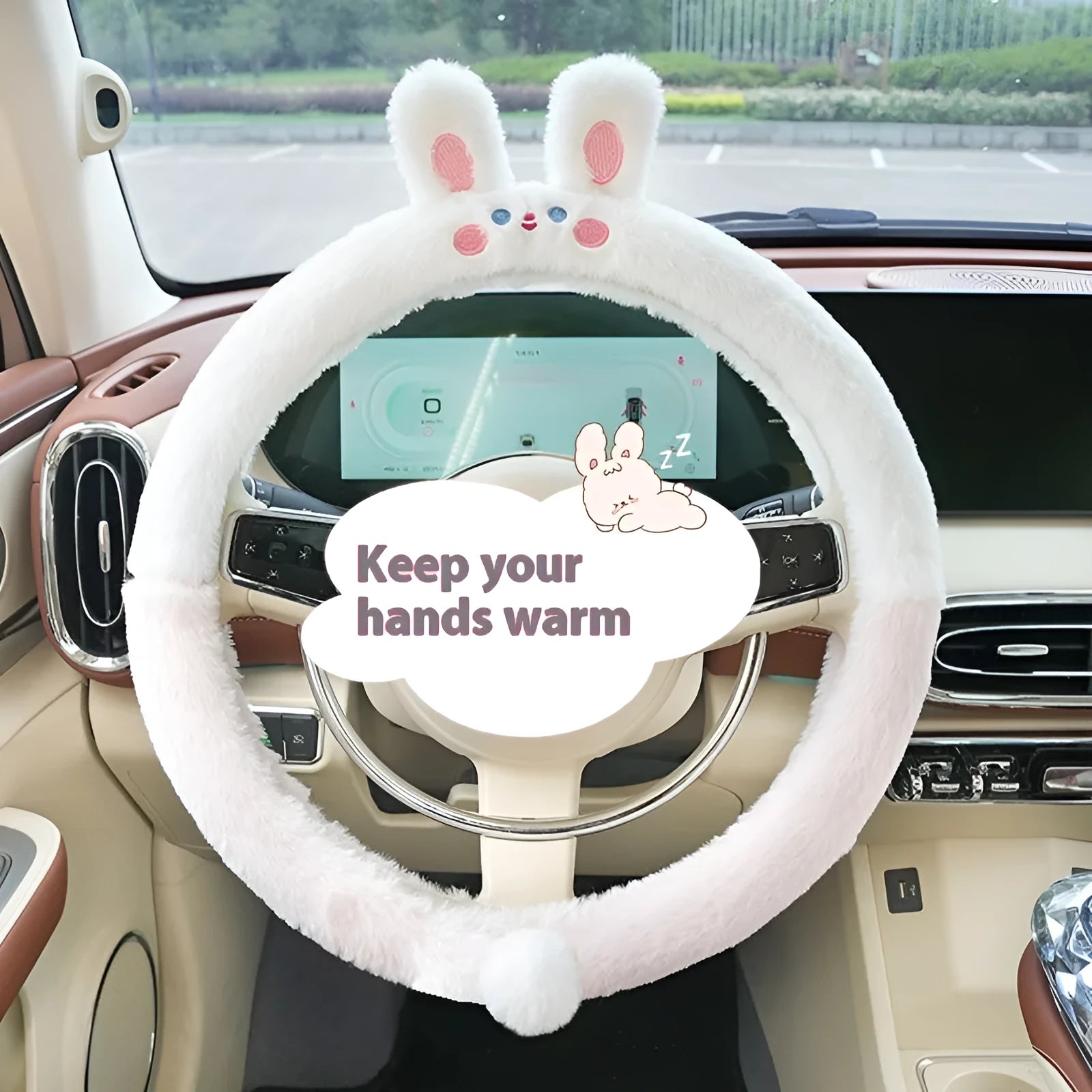 Plush winter car steering wheel cover with rabbit fur embroidered cartoon animal design, 38cm fit.