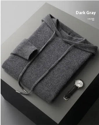 Men's light grey cashmere hooded sweatshirt and matching long pants laid flat.