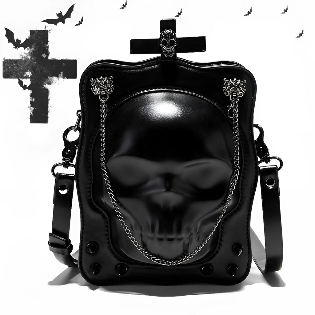 Black Halloween skull mini messenger bag with stitching, rivets, and detachable shoulder chain