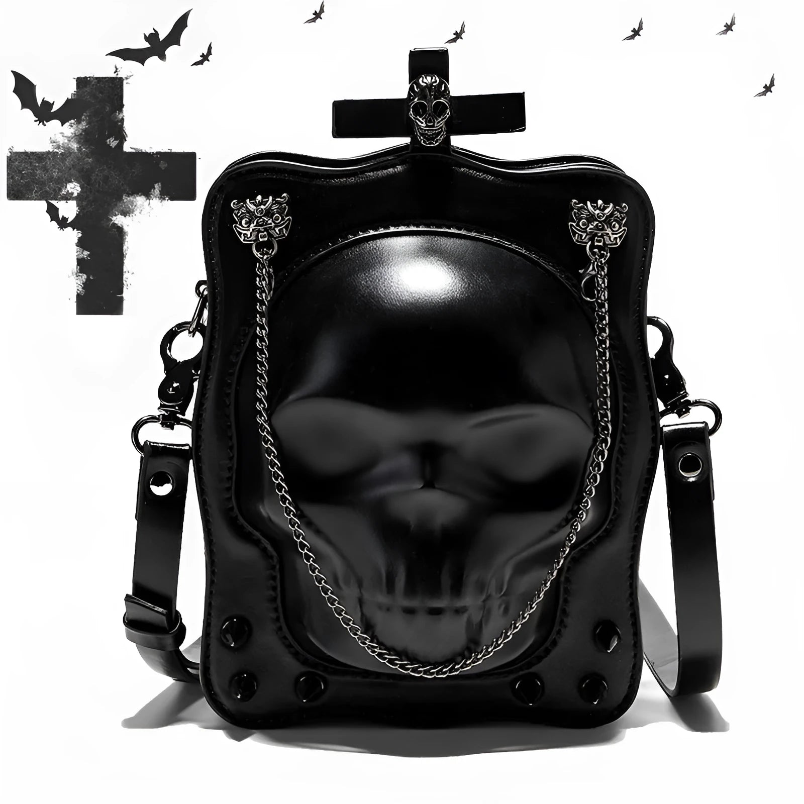 Black Halloween skull mini messenger bag with stitching, rivets, and detachable shoulder chain