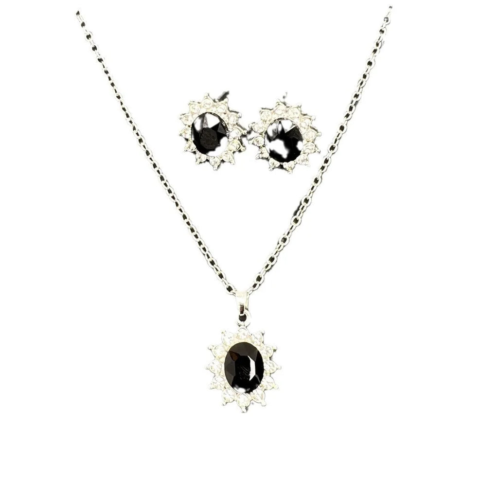 Alloy necklace and earring set with elliptical zircon elements in electroplated colours