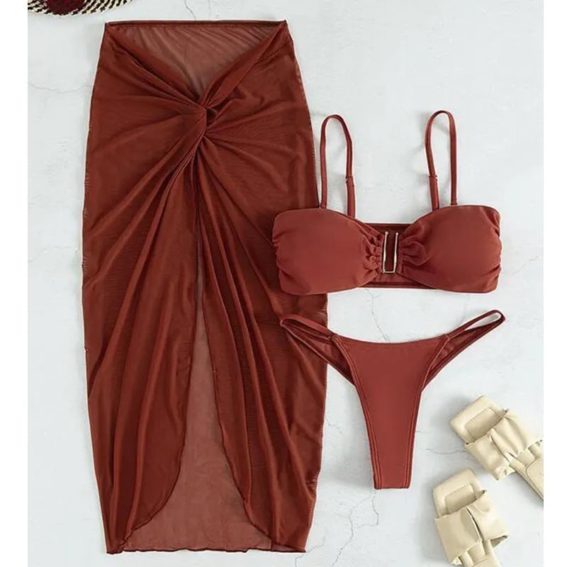 Women's multicolour three-piece bikini set with long culottes in French style design