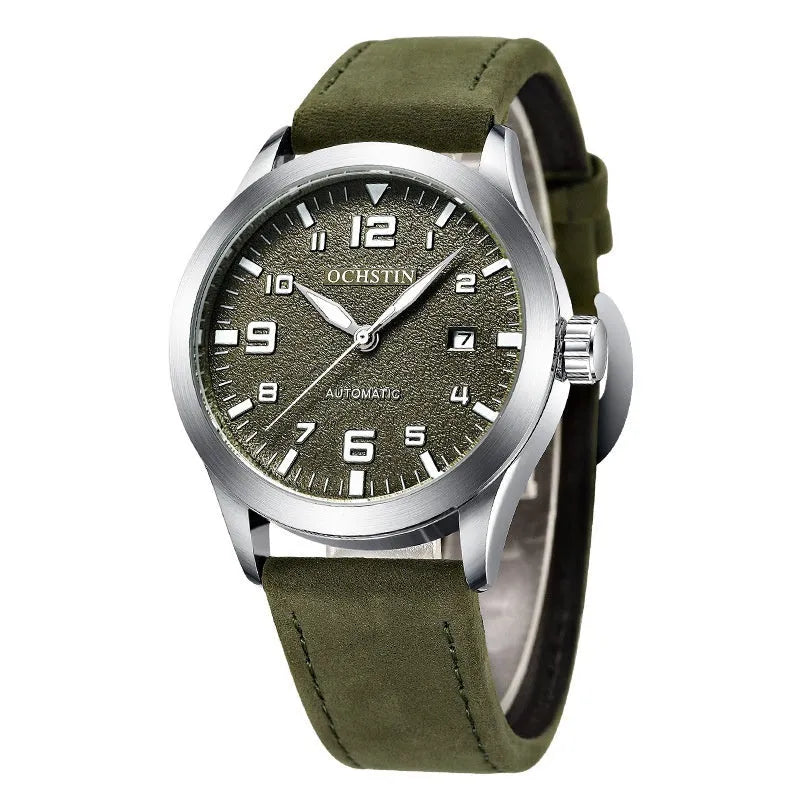 Men's automatic mechanical watch with retro leather strap showing four colour variations