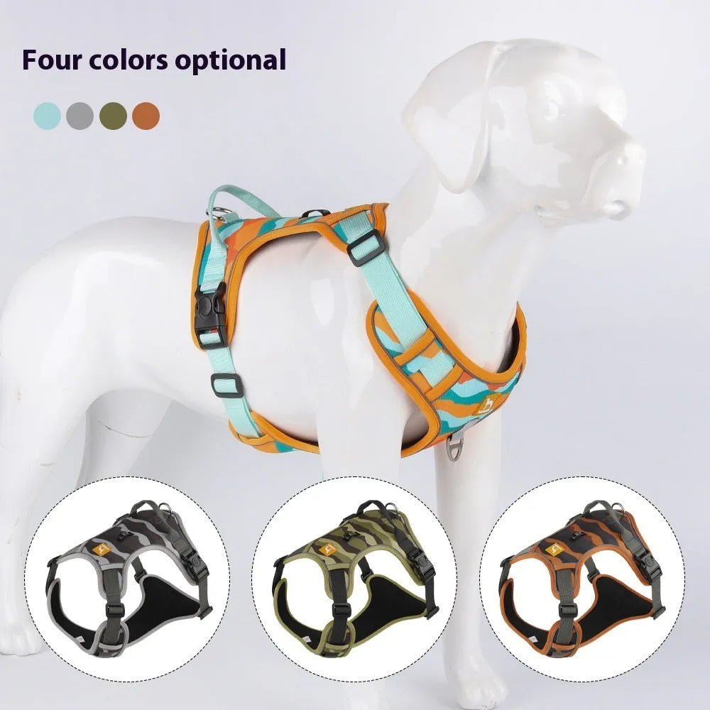 Reflective dog harness with hand holding rope in orange Oxford fabric