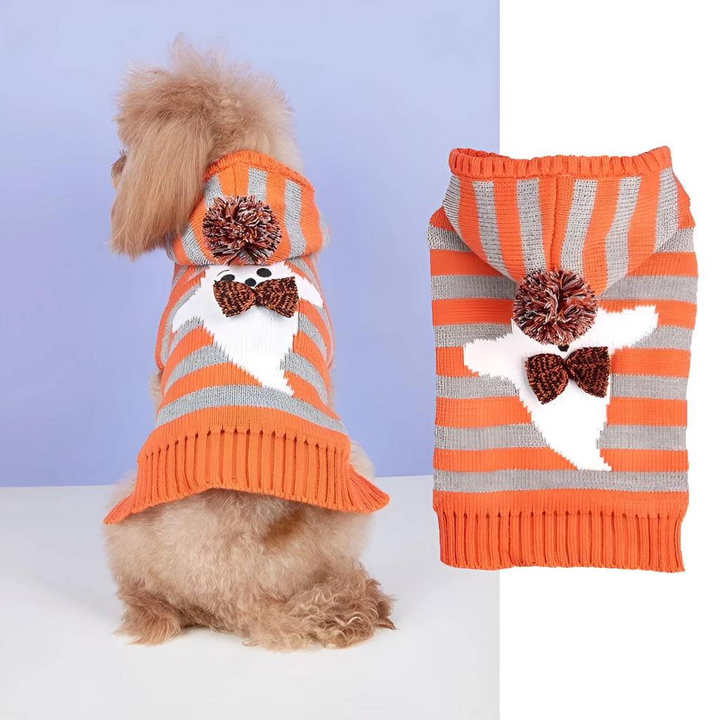Orange striped hooded pet sweater with knitted acrylic construction and fur ball detail