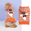 Orange striped hooded pet sweater with knitted acrylic construction and fur ball detail