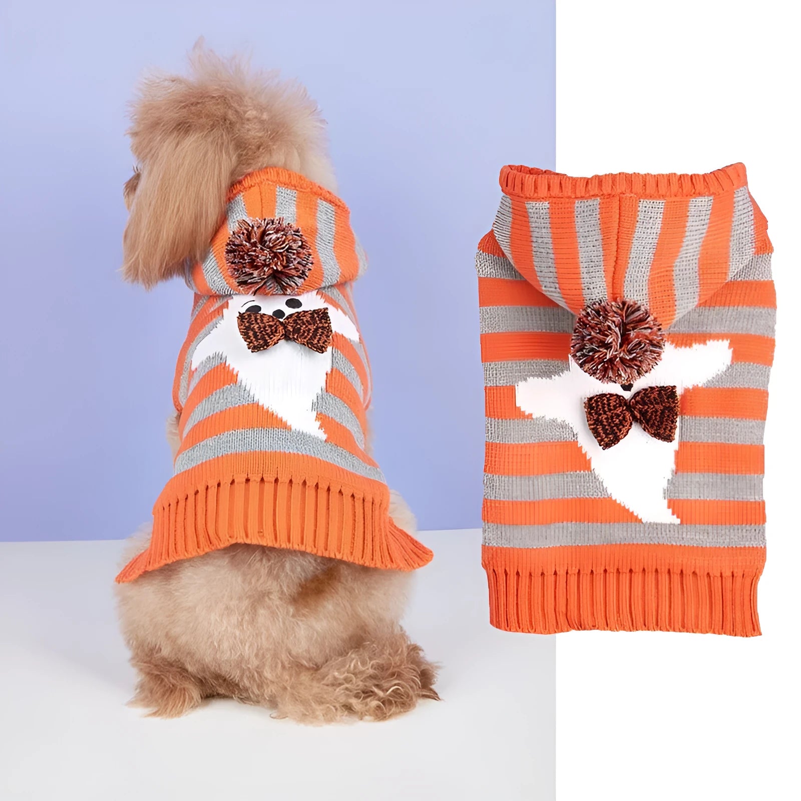Orange striped hooded pet sweater with knitted acrylic construction and fur ball detail