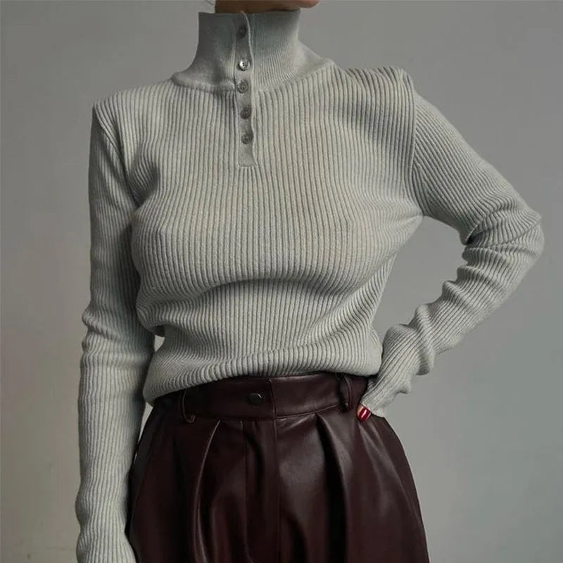 Retro breasted half turtleneck pullover sweater in slim fit, shown in silver grey colour.