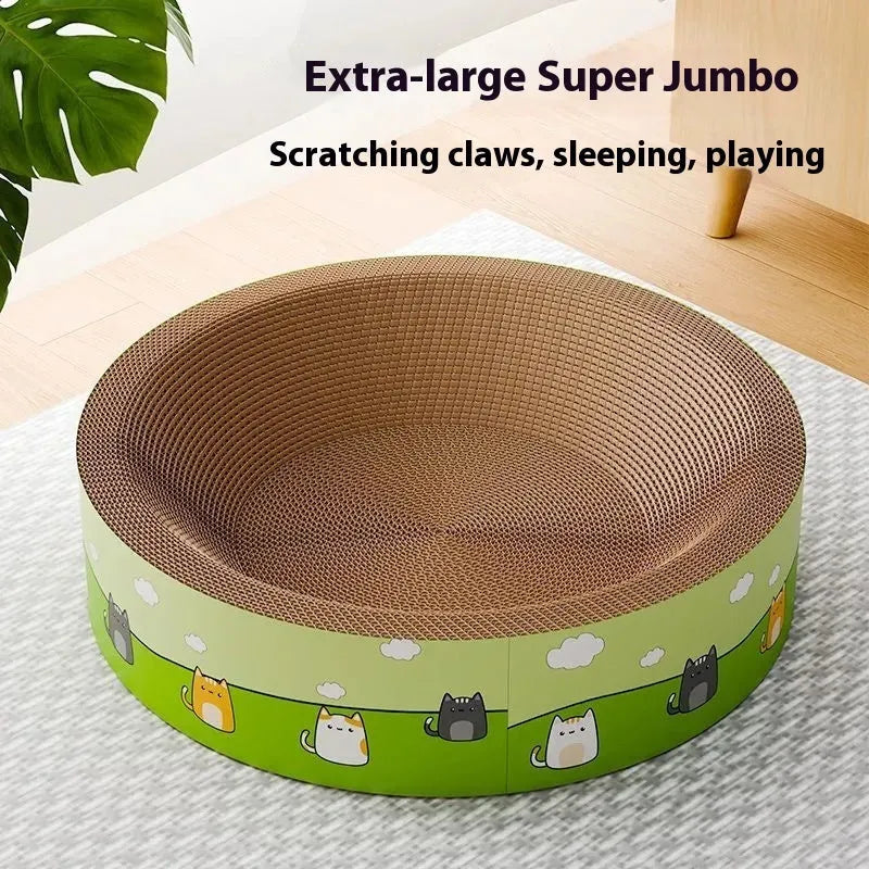 Large round corrugated paper cat scratch board with a deep central pit and integrated base.
