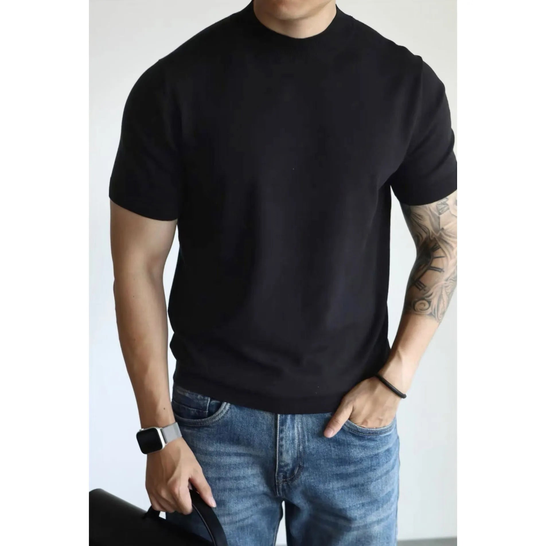 Men's slim-fit short sleeve t-shirt in thin polyester knit, shown in a solid colour.
