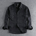 Men's loose-fitting long sleeve cardigan shirt in light grey, made from polyester fabric.