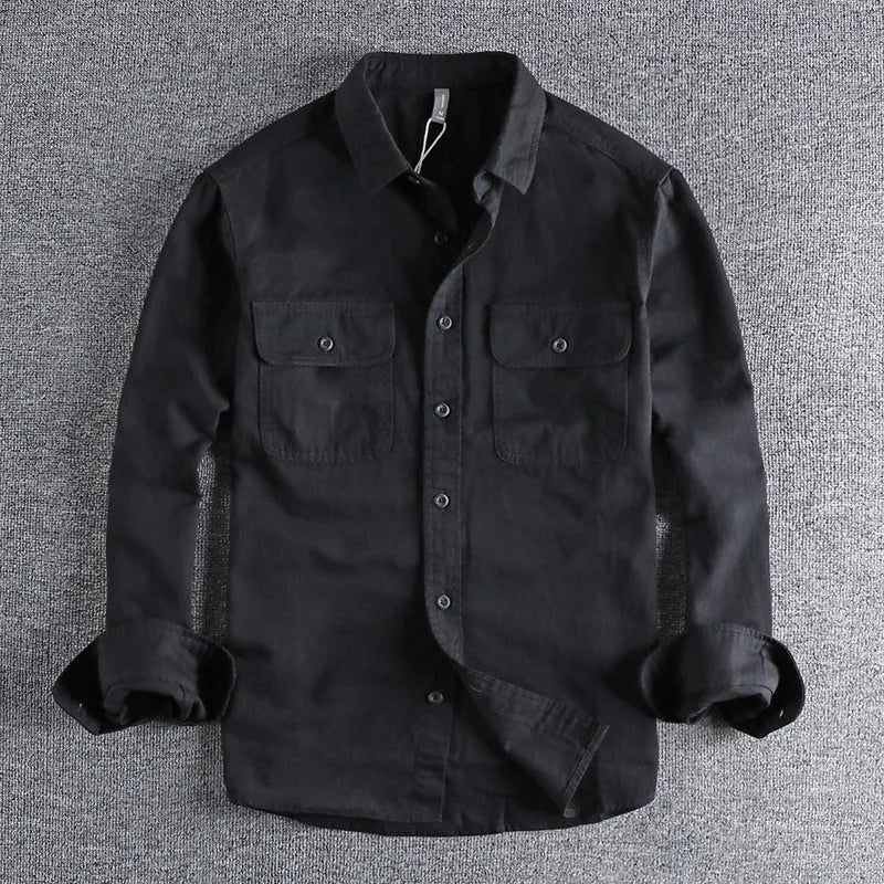 Men's loose-fitting long sleeve cardigan shirt in light grey, made from polyester fabric.