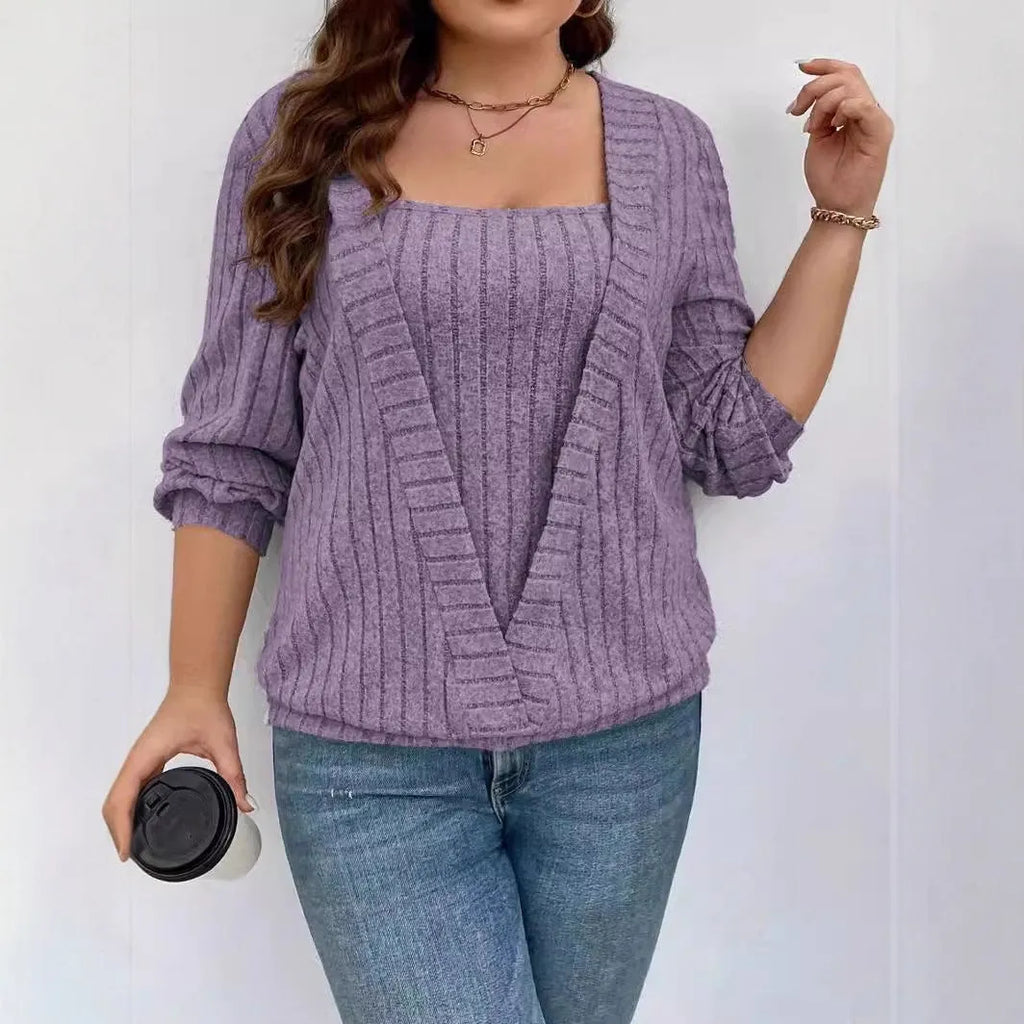 Women's solid colour false two-piece suit top with long sleeves and V-neck in rib fabric.