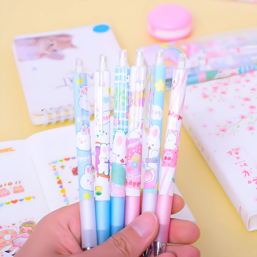 Six black plastic pens with cartoon bunny designs and 0.5mm tips arranged in stationery set