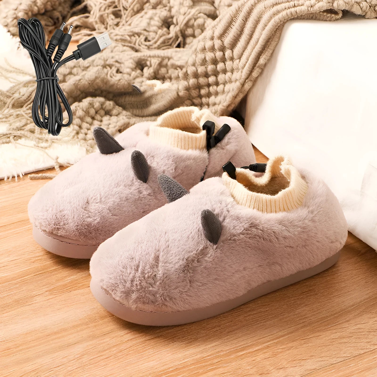 USB electric heating slippers in velvet material with adjustable temperature control for winter warmth