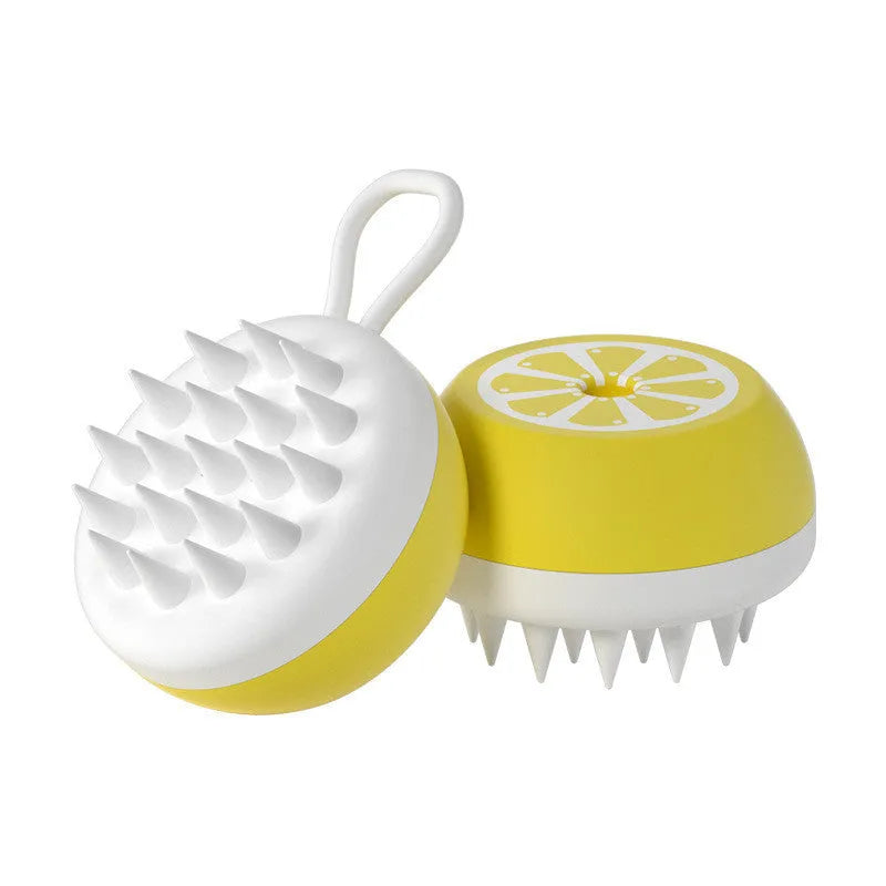 Yellow silicone pet bath brush with massage head and comb for dogs and cats