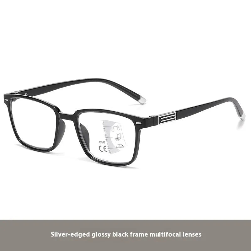 Multifocal reading glasses with color changing PC lens and black frame available in multiple degrees