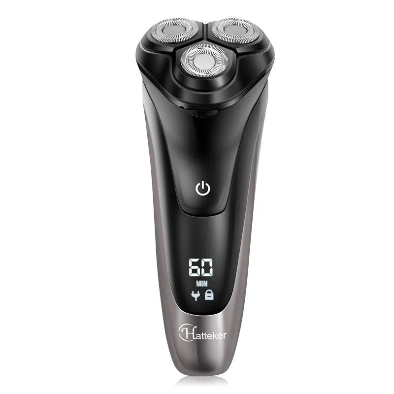 Men's electric shaver kit with three rotating floating heads and pop-up sideburn trimmer