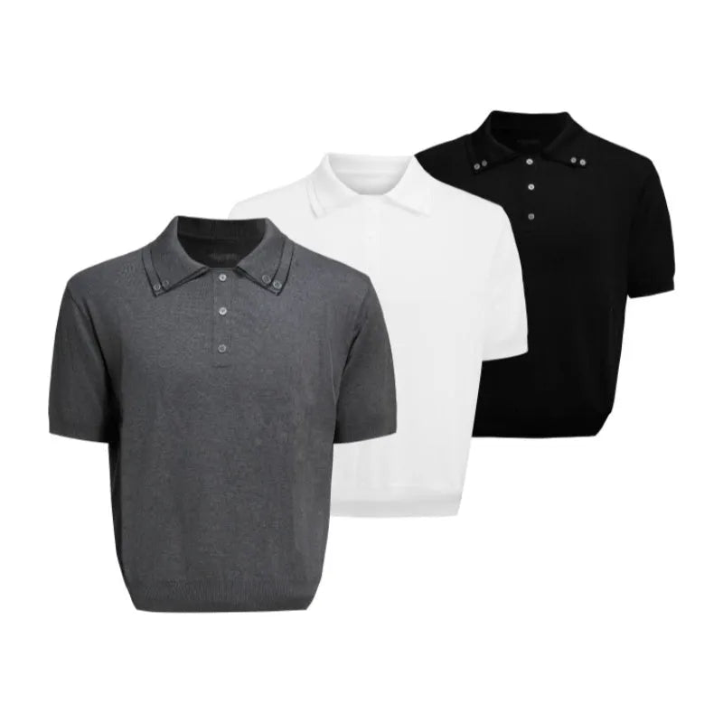 Men's black double collar knit polo shirt with short sleeves and loose fit