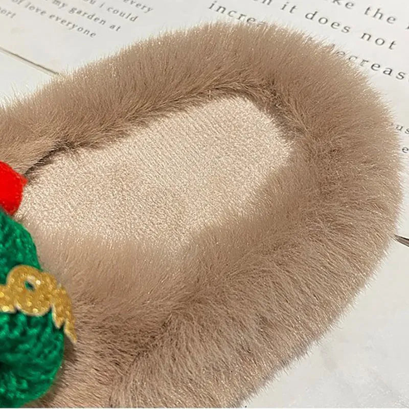 Women's Christmas hat design slippers with hairy faux plush upper and rubber soles