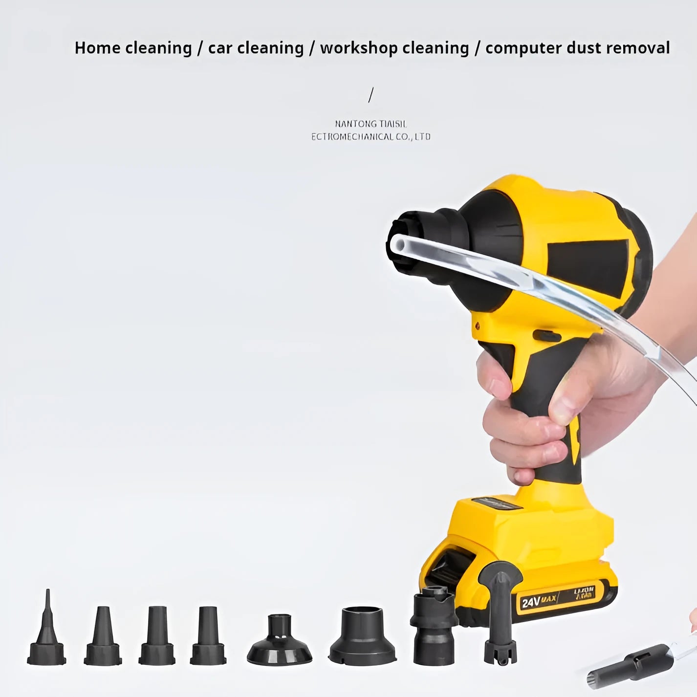 Yellow cordless dust gun with 18V lithium battery and accessories for household and office cleaning