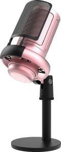 Condenser microphone with RGB lighting in black, white, or pink colour for live streaming on PC.