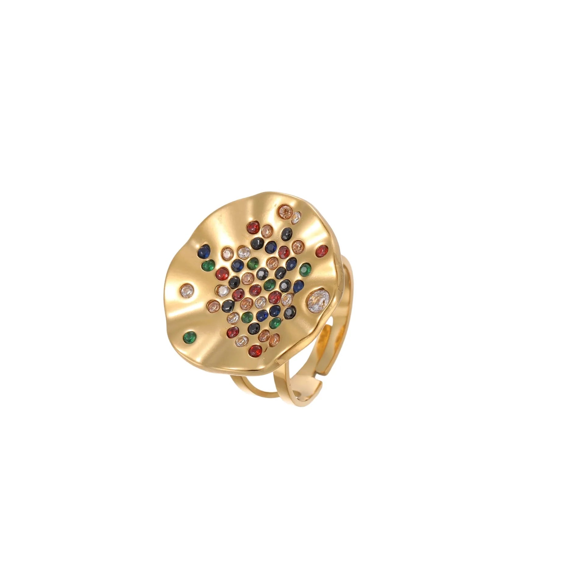 Geometric open mouth ring with pleated design and colour diamond inlays on stainless steel