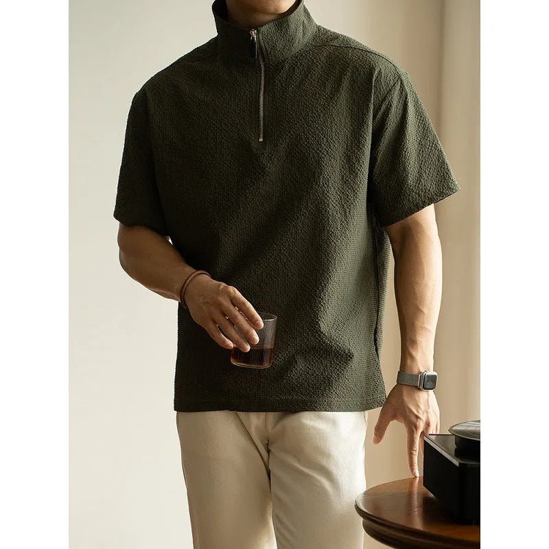 Men's ice silk short sleeve T-shirt in cedar green colour with loose fit summer design