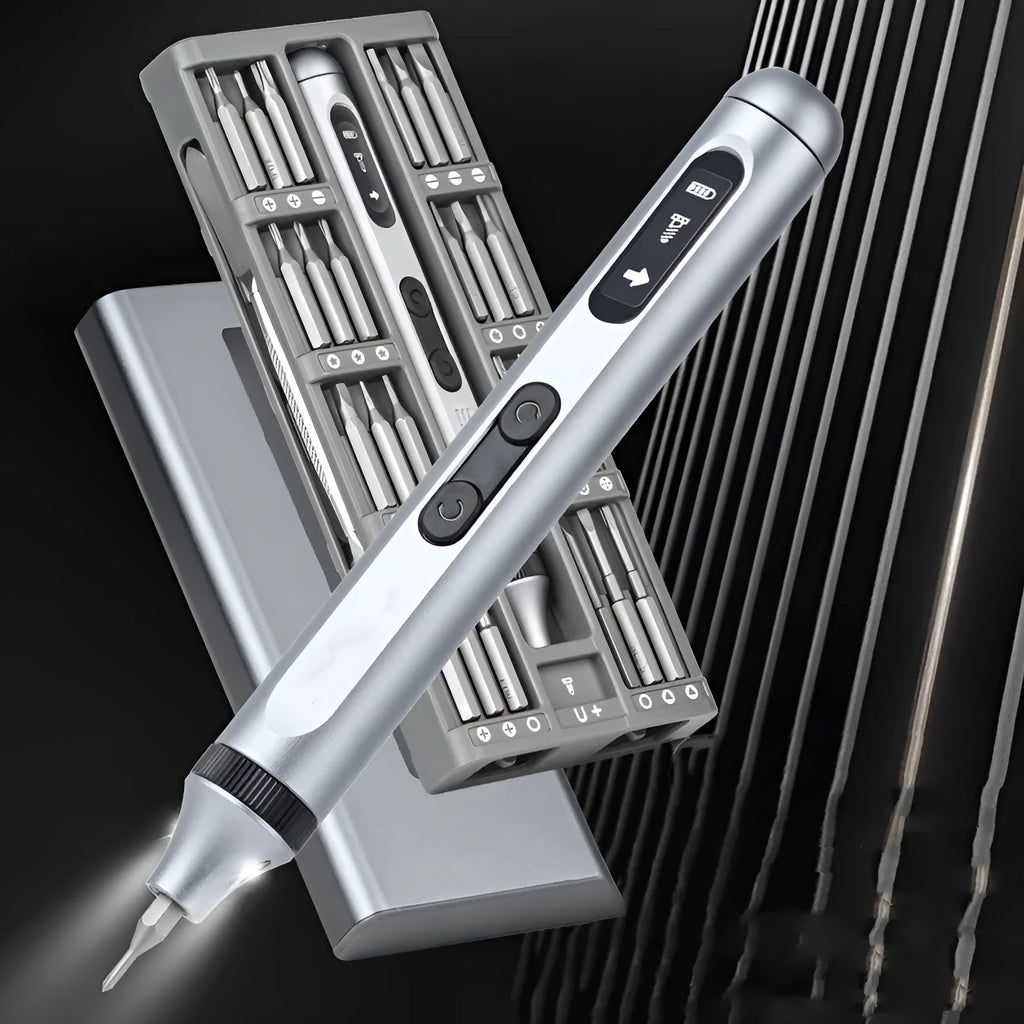 Compact aluminium electric screwdriver showing scale, displayed with its charging cable and bits.