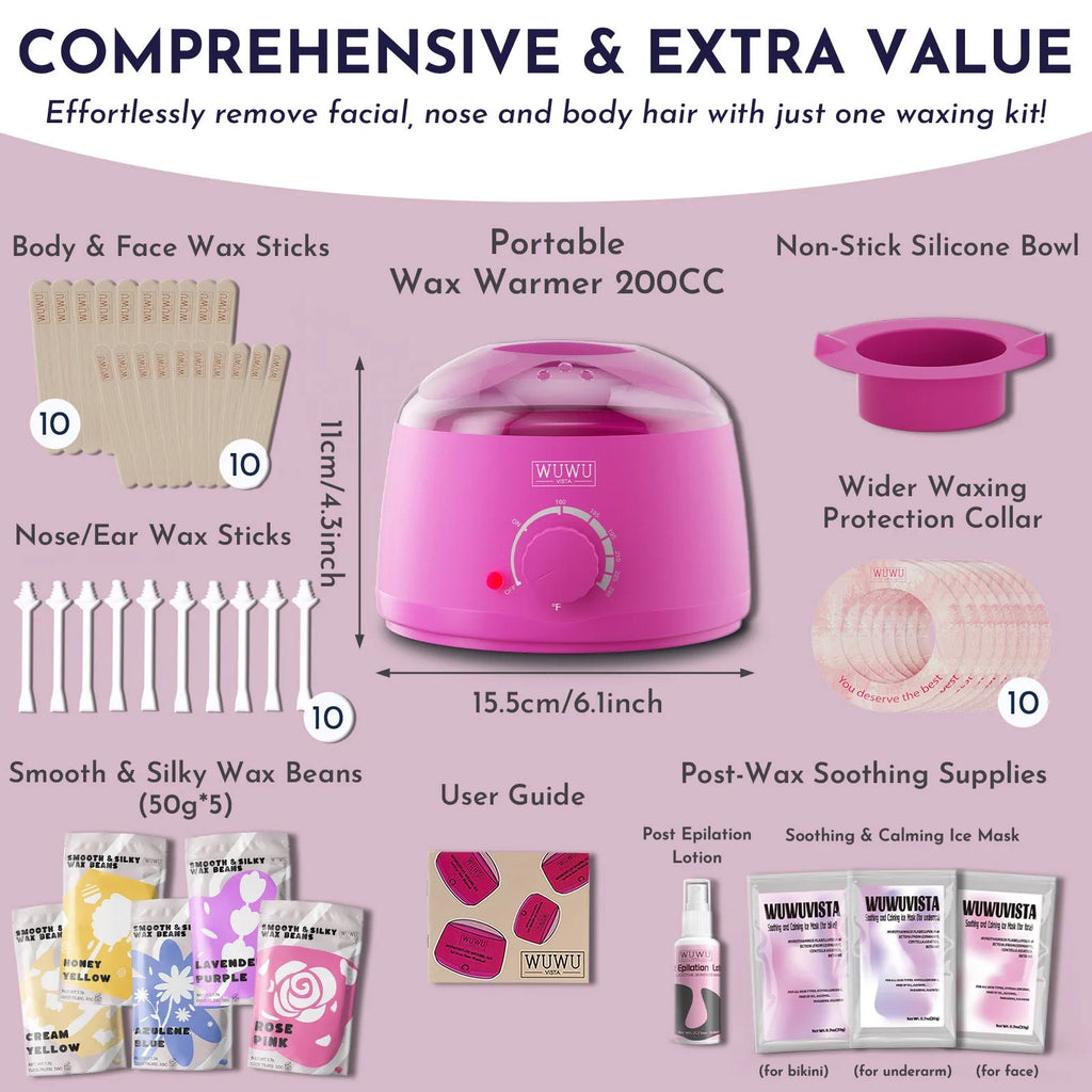 Professional waxing kit with hard wax beans, wax warmer, and post-care lotion for sensitive skin hair removal.