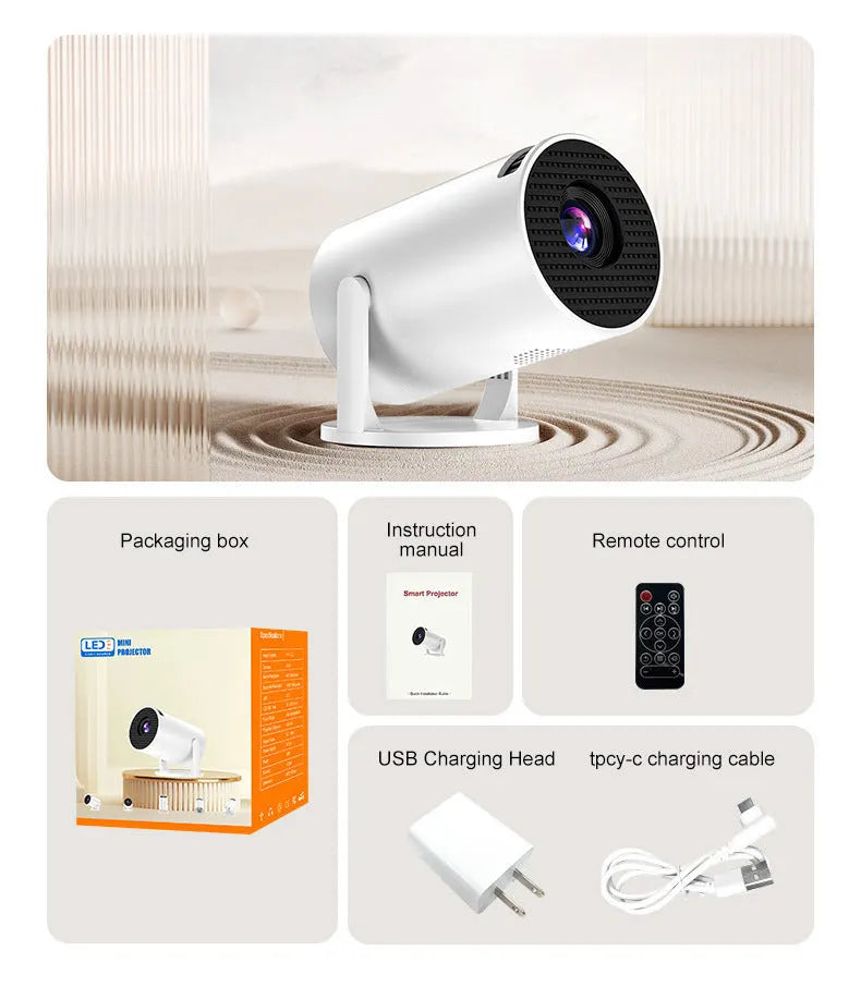 White mini wireless portable projector showing 1080p HD resolution for home use