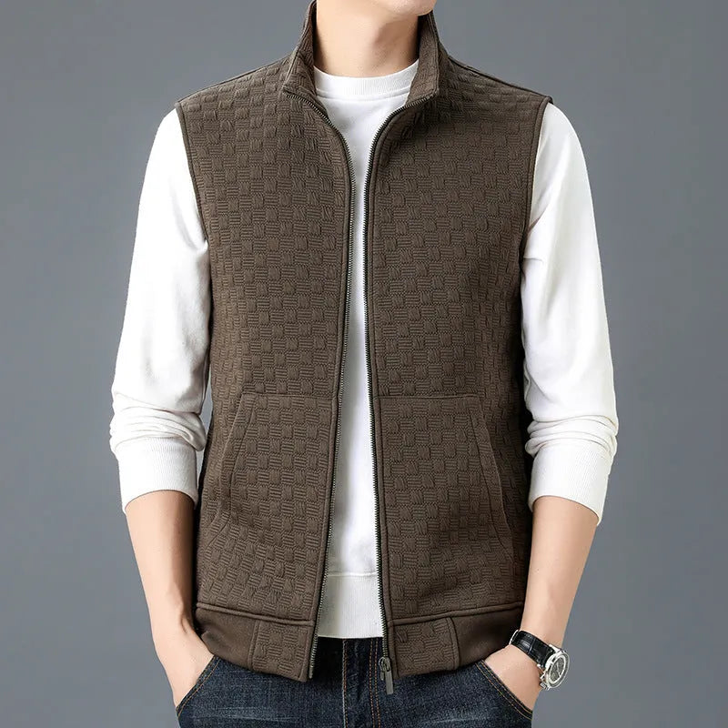 Men's casual sleeveless waistcoat vest in cardigan style, black colour, polyester chemical fibre blend fabric