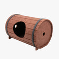 Assembled wine barrel-shaped cat bed made from soft grey polyester fibre felt.
