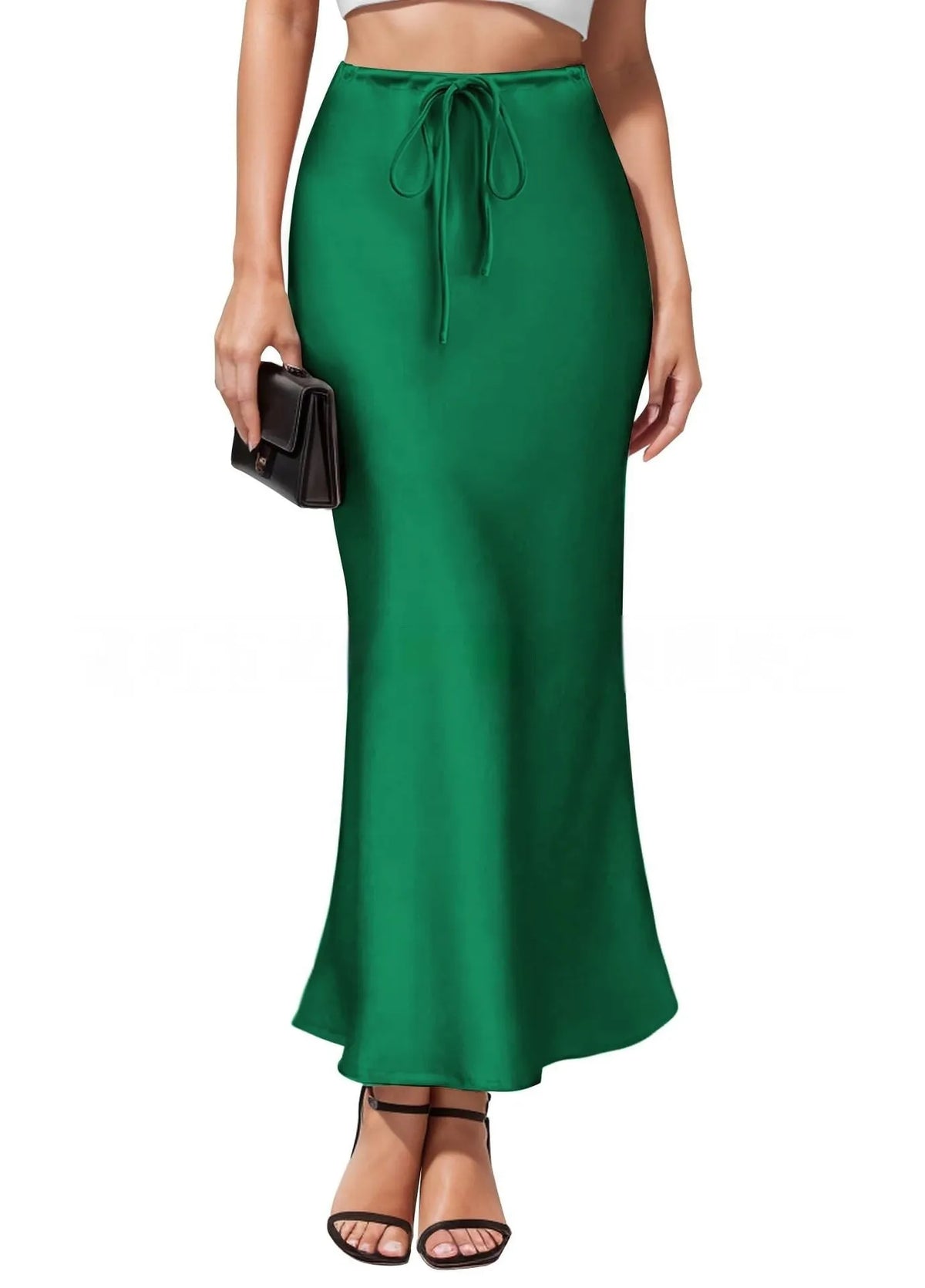 Asymmetric satin skirt with high waist and irregular stitching detail in six colour options