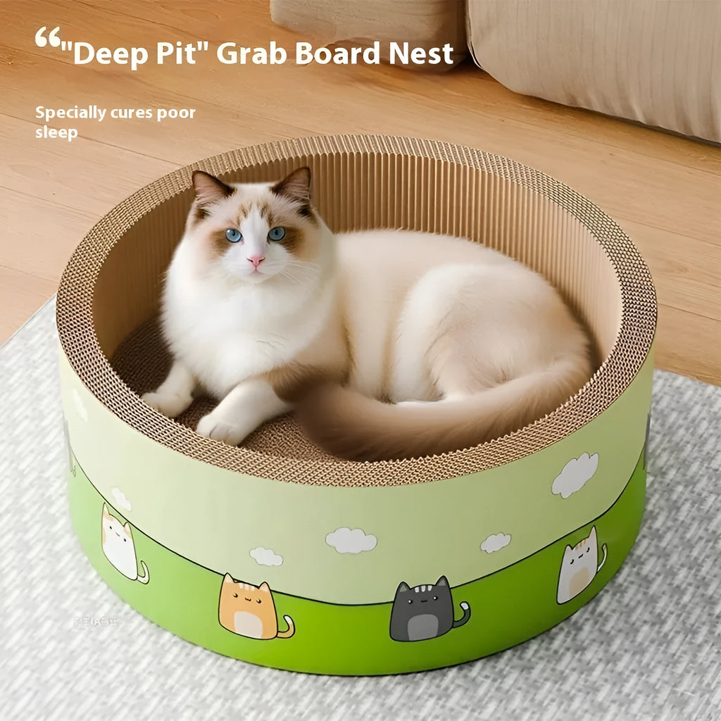 Large round corrugated paper cat scratch board with a deep central pit and integrated base.