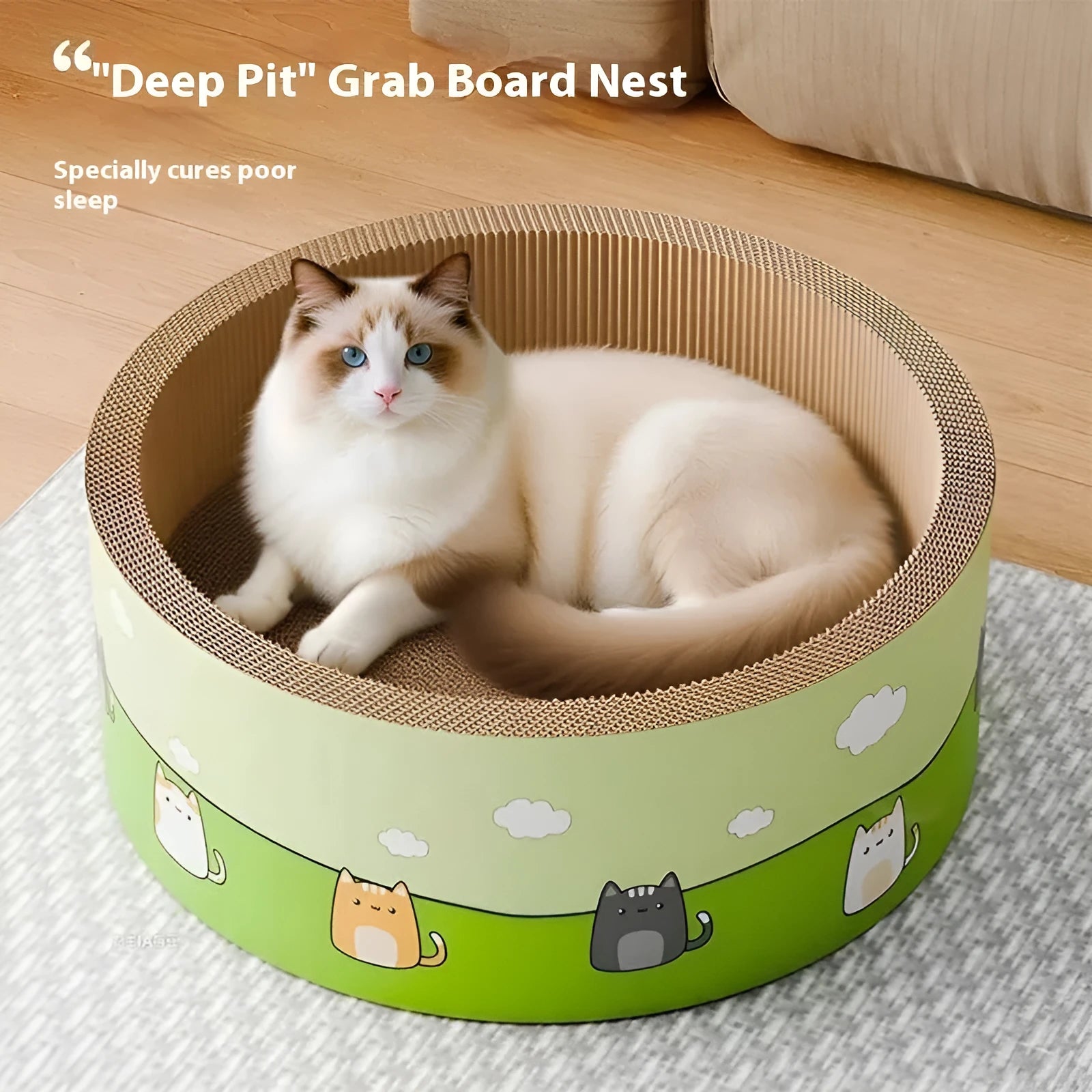 Large round corrugated paper cat scratch board with a deep central pit and integrated base.