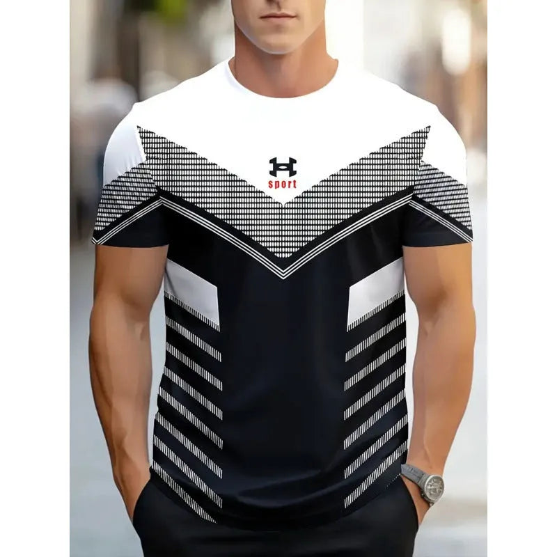 Men's striped digital 3D printed t-shirt in loose fit casual style with short sleeves