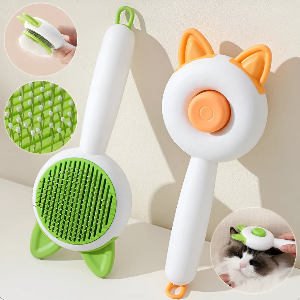 Self-cleaning cat grooming comb with stainless steel pins and rubber massage nodules in greenish white colour
