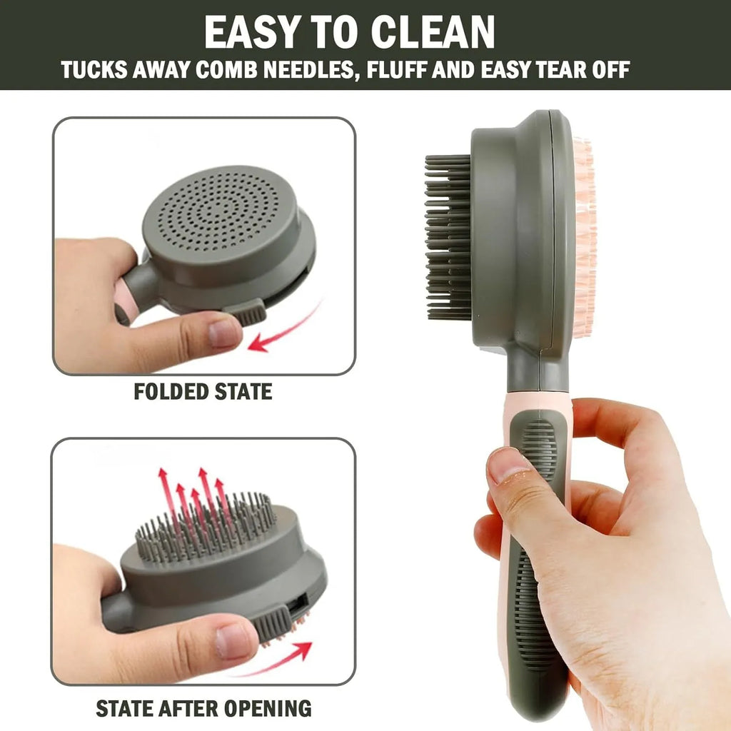 Double-sided cat grooming brush with slicker brush and flea comb in green and pink colours