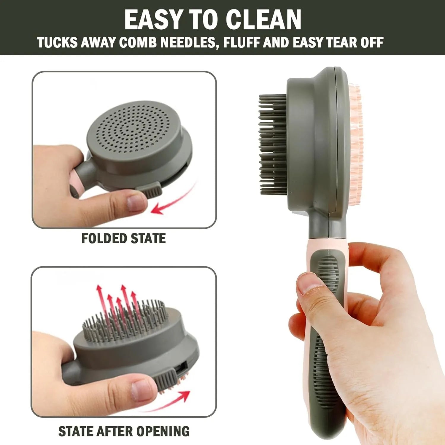 Double-sided cat grooming brush with slicker brush and flea comb in green and pink colours