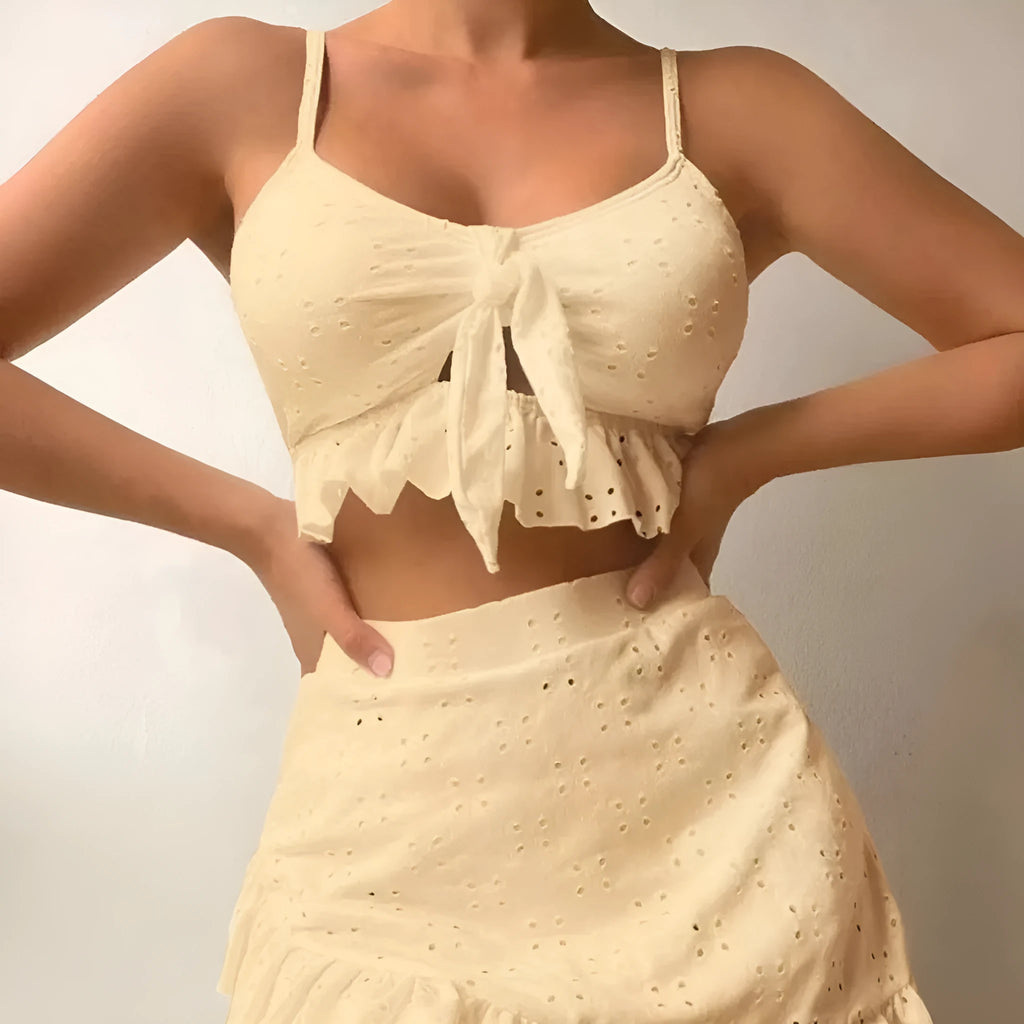 Women's solid colour split hip skirt bikini three-piece swimsuit set