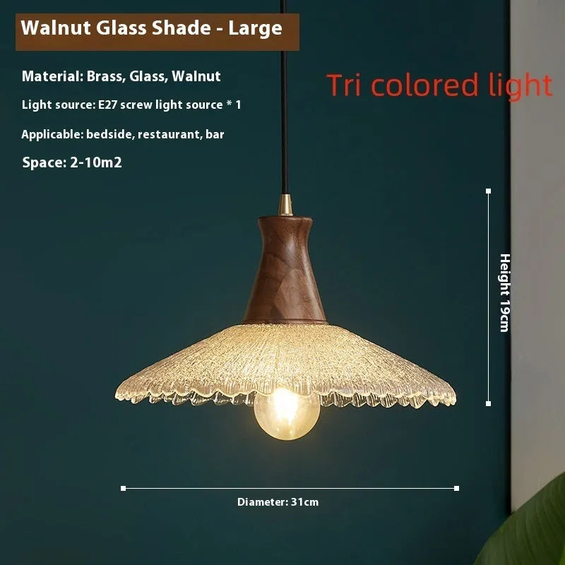 Woodcraft brass and glass ceiling chandelier for restaurant lighting in three available sizes.