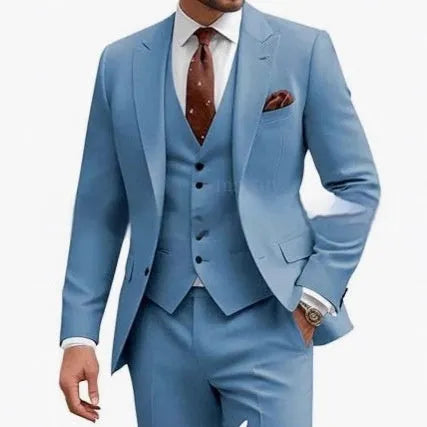 Men's slim fit three-piece suit in a chemical fibre blend, available in multiple colours.