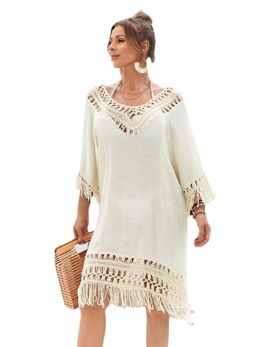 Hand-crocheted women's beach dress in apricot colour with free size fit